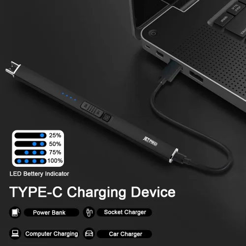 Vista 5 de Encendedor eléctrico de arco resistente al viento, sin llama, recargable por USB, con bloqueo de seguridad para velas, barbacoa, camping (negro)