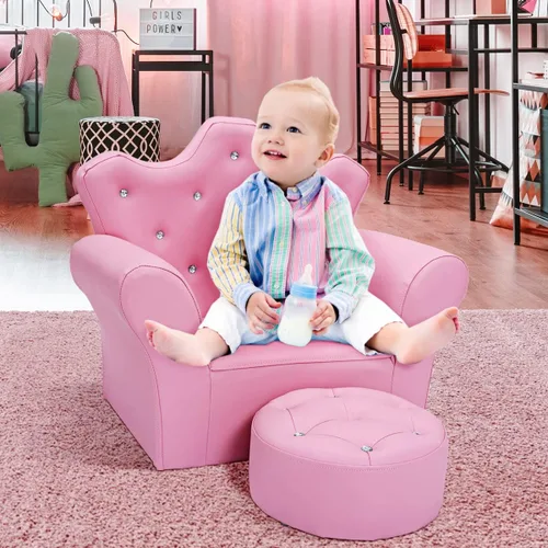 Vista 2 de Sofá para niños de Costzon, sofá tapizado para niños con otomano, sofá de princesa con decoración de diamantes, otomano, silla para niños de PVC