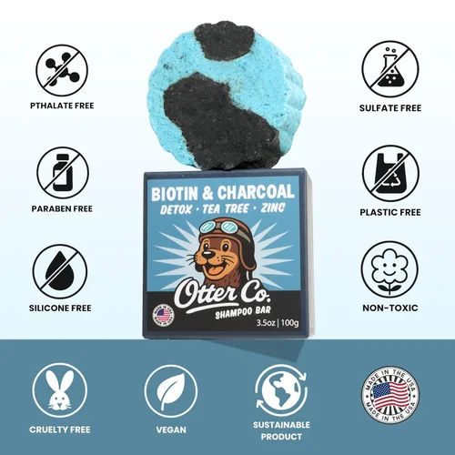 Vista 6 de Otter co. Biotin - Barra de champú desintoxicante - Aceite de carbón y árbol de té, romero, cúrcuma, té verde, zinc, vegano, sin sulfatos
