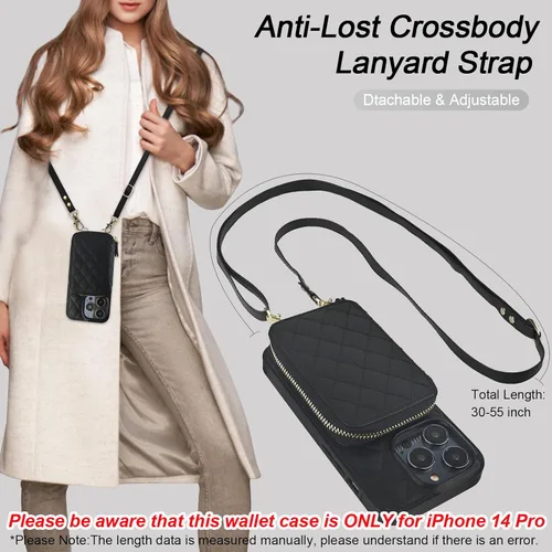Vista 6 de Bocasal Funda tipo cartera cruzada para iPhone 14 Pro, con bloqueo RFID, de piel sintética, con cremallera, funda tipo cartera con función atril