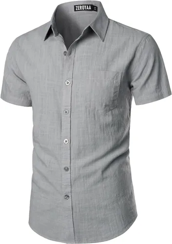 Vista 3 de ZEROYAA Camisas de manga corta con botones y algodón y lino para hombre, ligeras, con bolsillo