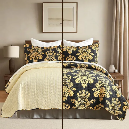 Vista 3 de Juego de edredón 100% algodón tamaño Queen, colcha floral suave prelavada, juego de ropa de cama ligera de 3 piezas para todas las estaciones, ropa