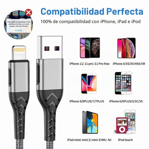 Vista 6 de Cargador de iPhone, [certificado Apple MFi] Paquete de 3 cables USB A de 1 pie para cable de carga rápida, cable de carga duradero de iPhone Plateado
