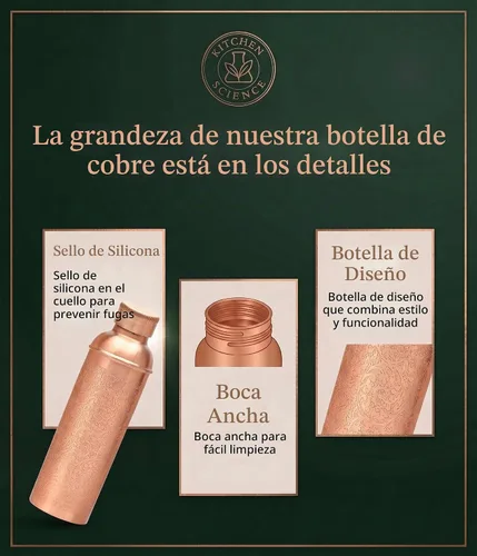 Vista 3 de Kitchen Science Auténtica botella de agua de cobre de 34 oz/33.8 fl oz con bolsa de transporte y funda, probada en laboratorio, a prueba de fugas