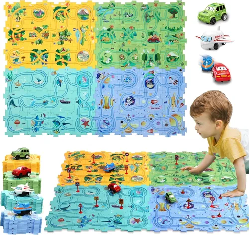 Vista 8 de Regalo de Cumpleaños para Niño de 4 Años, Set de Pista de Carros Rompecabezas para Niños con Mapa de Carretera, Set de Juego de Carros de Pista