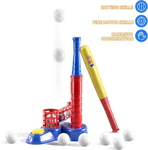 Vista 3 de TEMI Juego de pelota de béisbol 2 en 1 para niños de 3 a 8 años, juego de pelota de béisbol para niños con 10 bolas, máquina de lanzar, camiseta