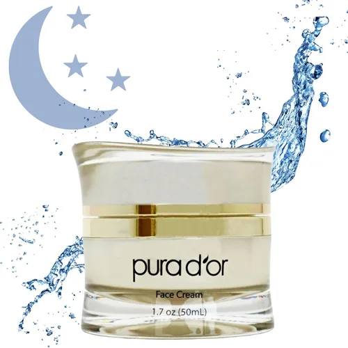 Vista 6 de PURA D'OR Crema facial luminosa PM de 1.7 onzas, azul de metileno, colágeno marino, retinol, péptidos, extracto de células madre de manzana