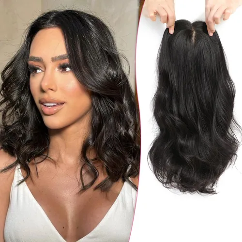 Vista 8 de PANEWAY Toppers para el cabello para mujer, cabello humano real, Remy con base de seda, base grande de 14 pulgadas, atado a mano, pieza gruesa