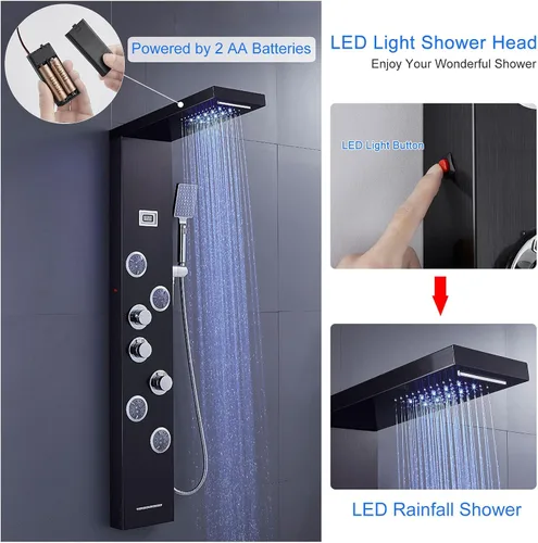 Vista 5 de Sistema de torre de paneles de ducha LED, sistema de panel de ducha de baño de acero inoxidable SUS304 con 4 chorros de cuerpo, lluvia, cascada