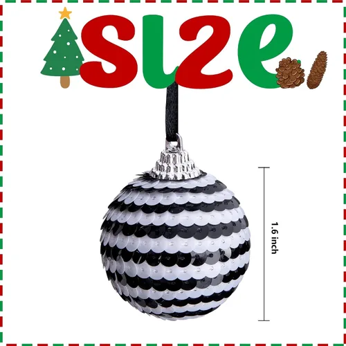 Vista 2 de Deloky 24 adornos de bolas de Navidad a cuadros de búfalo, decoración de lentejuelas blancas y negras de 1.6 pulgadas para árbol de Navidad y fiesta