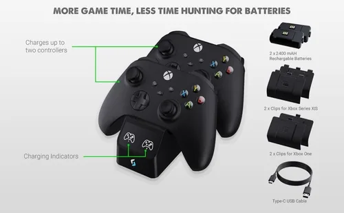 Vista 3 de Sliq Gaming Pro MAX Xbox Controller - Estación de carga con 2 baterías recargables de 2400 mAh para Xbox SeriesOne-XSElite, estación de carga Xbox