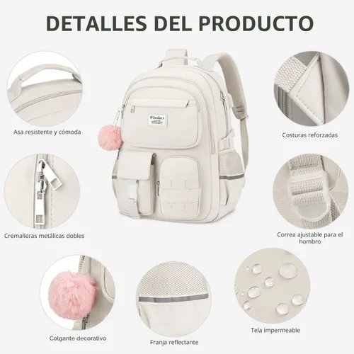 Vista 4 de WINDARS Mochila escolar para adolescentes y niñas, bonita mochila para laptop para mujeres y estudiantes, bolsas de escuela secundaria, bolsa Beige