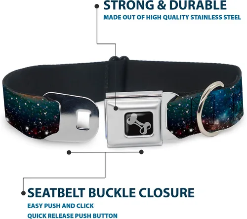 Vista 4 de Buckle-Down Collar de perro con hebilla de cinturón de seguridad, collage de polvo espacial, 1 pulgada de ancho, se adapta a cuello de 15 a 26