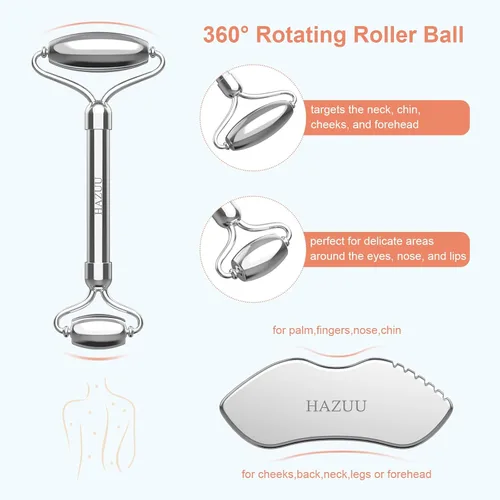 Vista 2 de Rodillos de acero inoxidable Gua Sha y cara - Rodillo de metal para ojos y cuello, herramientas de masaje facial antienvejecimiento, kit de Jgs-1