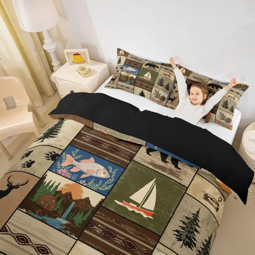 Vista 5 de Funda de edredón de cabaña marrón retro, juego de ropa de cama de retazos con diseño de oso del bosque, ciervos para cabaña rústica, funda de Multi