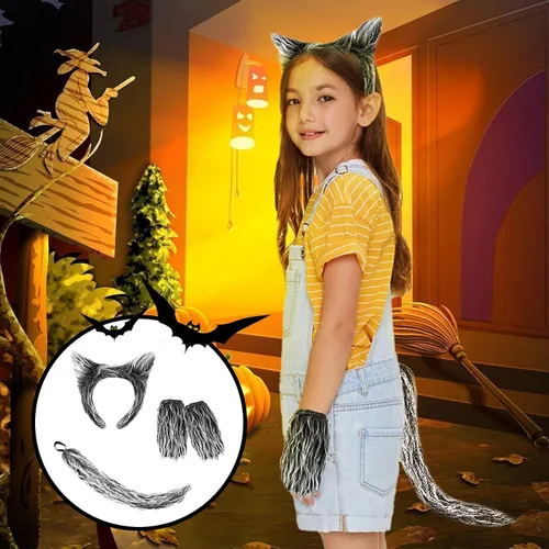Vista 2 de Exlinonline Disfraz de lobo lobo con diadema guantes orejas y colas para hombres mujeres niñas niños y niñas kit de accesorios de disfraces todo