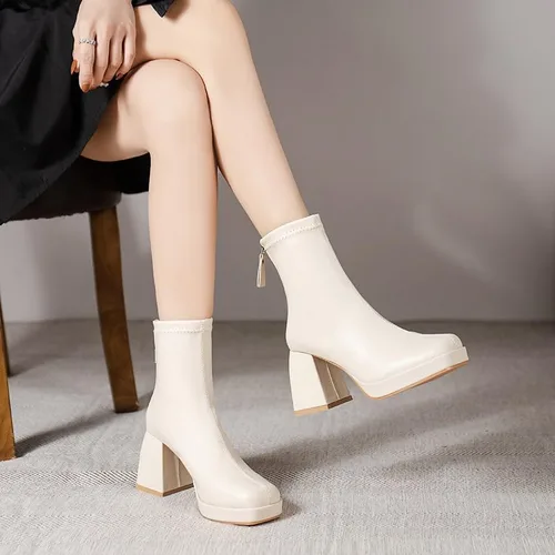 Vista 4 de RiceelSor Botines de tacón alto grueso para mujer, con cremallera lateral, punta cuadrada, impermeables, cómodas, con soporte de arco para oficina