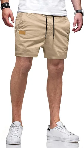 Vista 14 de JMIERR Pantalones cortos casuales de algodón con cordón de verano para la playa de sarga elástica chino golf corto con bolsillos Beige