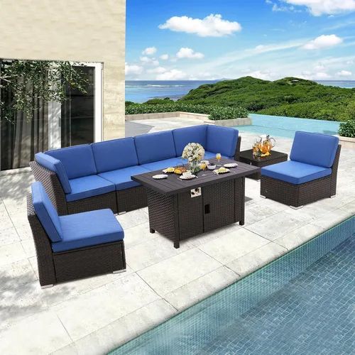 Vista 2 de Juego de 8 muebles de patio al aire libre con mesa para fogata de propano de 46 pulgadas, muebles de mimbre de polietileno marrón, sofá seccional