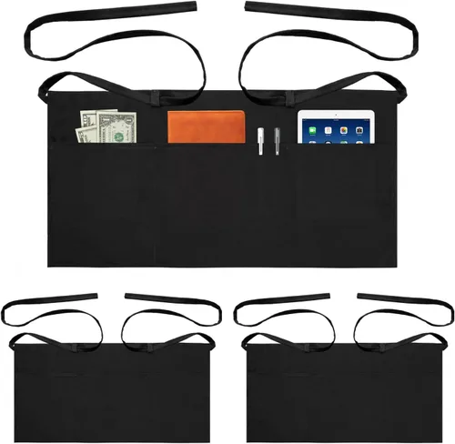 Vista 8 de Delantales de servidor con 3 bolsillos para camarera, cintura de camarera, delantal negro para mujeres y hombres, cocinero, cocina, hornear, 1