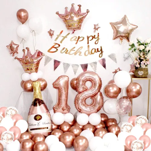 Vista 4 de Globos de cumpleaños de oro rosa, decoración de fiesta, pancarta de feliz cumpleaños, cortina de flecos, camino de mesa, globos de aluminio