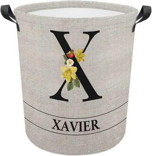 Vista 9 de Cesta de lavandería con inicial floral personalizada, monograma, nombre personalizado, flores y pájaros, cesta de ropa plegable de tela, caja