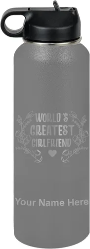 Vista 32 de LaserGram Botella de agua personalizada, World's Greatest Girlfriend, acero inoxidable de doble pared aislada al vacío con popote superior, regalo