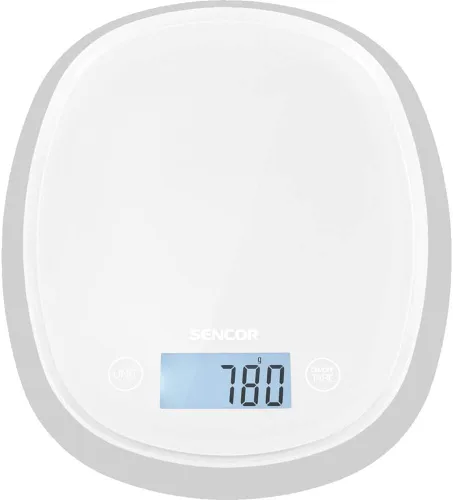 Vista 3 de Sencor Báscula digital de cocina con gran pantalla LCD retroiluminada y sensores de control táctil, pequeña, campanilla blanca