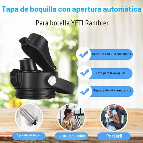 Vista 6 de Tapa con pico automático para botellas YETI Rambler, se adapta a botellas de 18/26/36/64 onzas, tapa de repuesto con botón de presión y asa Negro