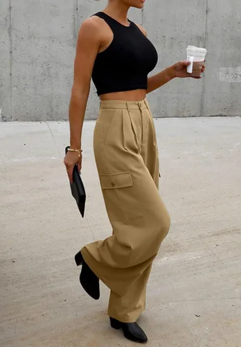 Vista 3 de Dokotoo Pantalones cargo de cintura alta y pierna ancha para mujer, pantalones holgados de trabajo casuales con 4 bolsillos