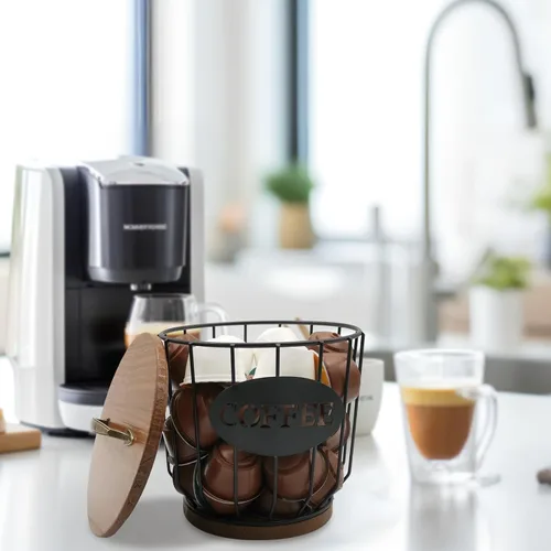 Vista 5 de Soporte redondo para cápsulas de café con tapa y base de madera, cesta de almacenamiento de cápsulas de café de alambre para decoración del hogar