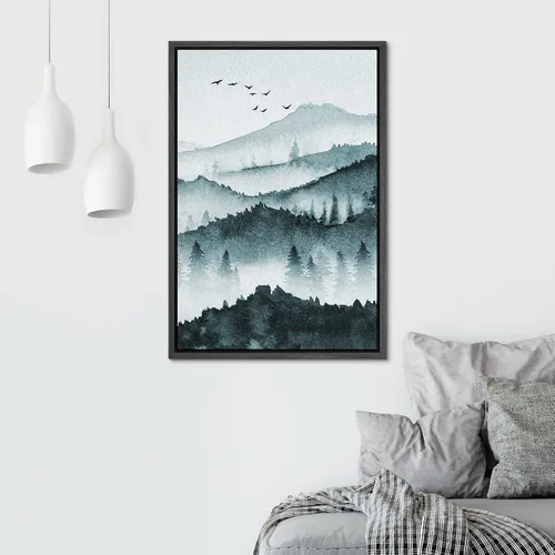 Vista 3 de SIGNWIN Lienzo enmarcado para pared, decoración de guardería de bosques, pájaros, acuarela, montaña, bosque, naturaleza, arte moderno, paisaje