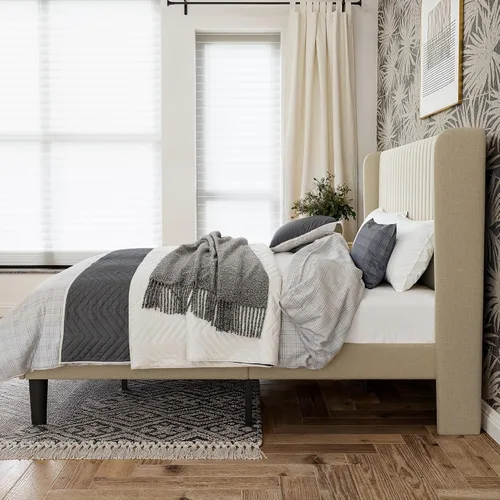Vista 4 de GOLDORO Marco de cama King Size con base elevada, cabecera tapizada con botones verticales y alas, soporte de listones de madera, no necesita