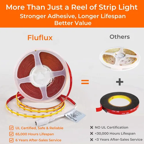 Vista 8 de Luces de Tira LED COB Candlelight de 2400K, 3W/pie, 16.4 pies, 24V, cinta LED con respaldo VHB 3M, CRI 95, certificación UL, cortable, regulable