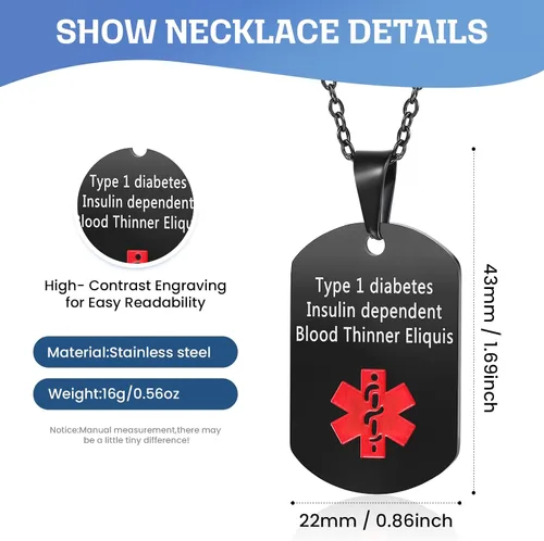 Vista 2 de Jewelstruck Collar de alerta médica para mujeres y hombres, etiquetas de identificación de emergencia, collar de doble cara, grabado gratuito