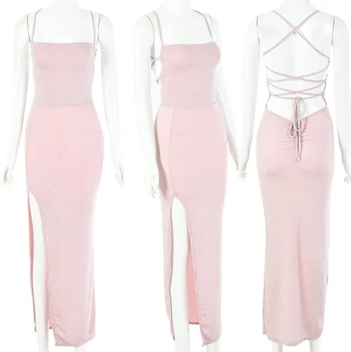 Vista 7 de Vestido largo sexy con tirantes delgados con purpurina para mujer, con cordones, espalda descubierta, con abertura alta, para fiesta, club nocturno