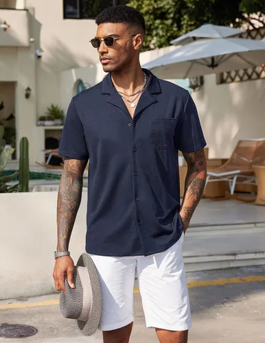 Vista 3 de COOFANDY Camisa de manga corta con botones para hombre, cuello cubano, casual, para campamento y verano