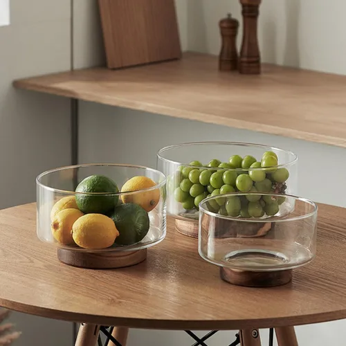 Vista 7 de Ipetboom Decoración del hogar, cuenco de frutas de vidrio con base de madera, cuenco de ensalada de cocina, tazón de mezcla de salsa, plato