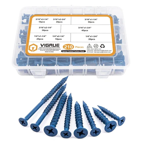 Vista 7 de VIGRUE Kit surtido de tornillos de hormigón de 1/4 de pulgada, 3/16 pulgadas, 210 tornillos de cemento de cabeza plana para anclar a mampostería