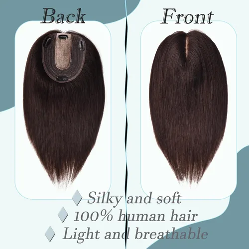 Vista 2 de Toppers de cabello humano real para mujeres con cabello delgado, 6 pulgadas, marrón oscuro