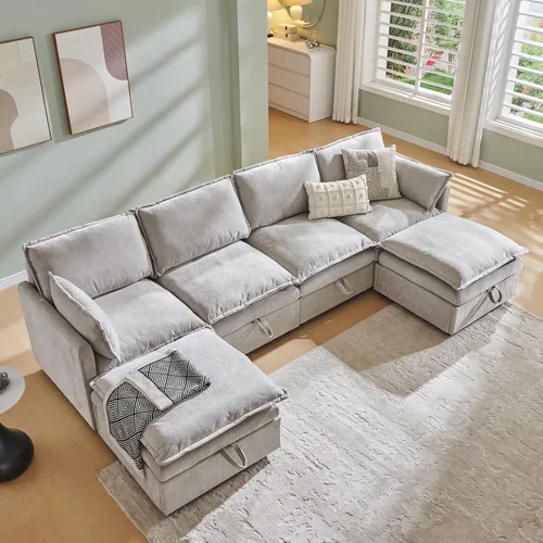 Vista 9 de Sofás modulares de nube seccionales de 85.83 pulgadas para sala de estar, sofá modular moderno con otomana de almacenamiento, sofá de nube de Beige