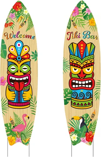 Vista 10 de Queekay 2 carteles de Tiki Yard Luau Hawaiian Tropical Party Decoración al aire libre Tiki Bar Letrero con estacas para verano (estilo iluminado)