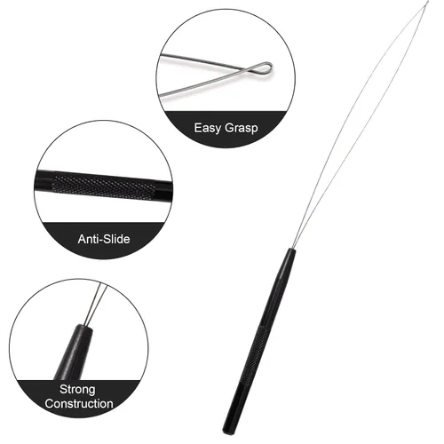 Vista 5 de NEWISHTOOL Kit de herramientas de extensión de cabello de acero inoxidable, gancho para tirar de aguja de bucle y enhebrador, dispositivo de cuentas