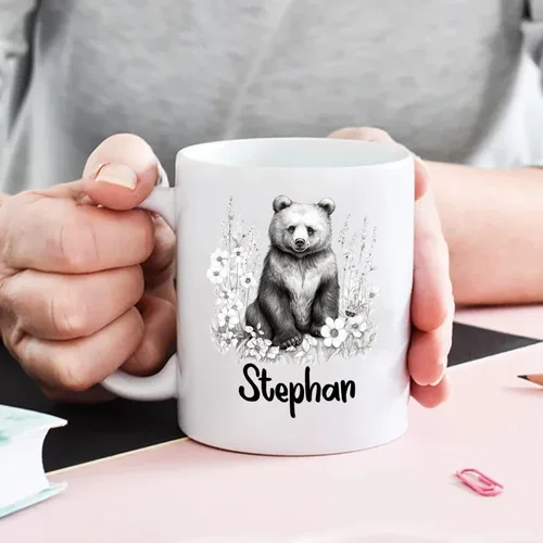 Vista 5 de Taza de café con nombre personalizado de oso de 11 y 15 onzas, taza de cerámica blanca con dibujo a lápiz de oso personalizado, regalo para niños