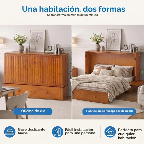 Vista 8 de Mjkone Armario de cama Queen Murphy con colchón de tres pliegues, color Cereza