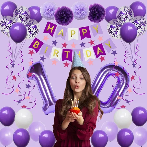 Vista 3 de Decoraciones de cumpleaños número 10 para niñas, globos morados de feliz cumpleaños, pancarta, globos de números, serpentinas de estrellas