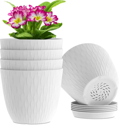 Vista 10 de WSMKSZ Macetas de 7 pulgadas, paquete de 5 macetas con agujeros de drenaje y platillos para plantas de interior, macetas de plástico con ondas