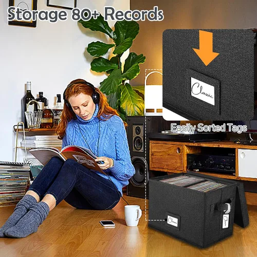Vista 4 de Woodoulogy Caja de almacenamiento de discos de vinilo para LPs de 7 pulgadas/45 RPM, caja negra con tapa con capacidad para hasta 80 álbumes