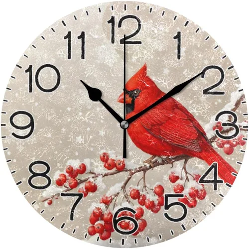 Vista 11 de ALAZA Reloj de pared cardenal de pájaro rojo de invierno, funciona con pilas, sin tictac, de cuarzo, analógico, rústico, rústico, reloj redondo