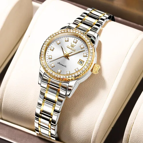 Vista 2 de OLEVS Reloj automático de mujer con diamantes mecánico de cuerda automática a la moda elegante reloj de pulsera luminoso impermeable de acero